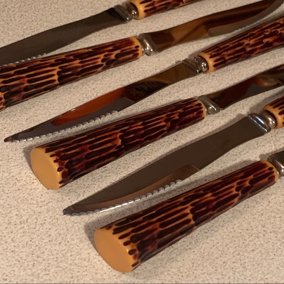 60s Crown Sheffield Stainless Faux Antler Steak Knives set of 6, 🏴󠁧󠁢󠁥󠁮󠁧󠁿 - Picture 3 of 3